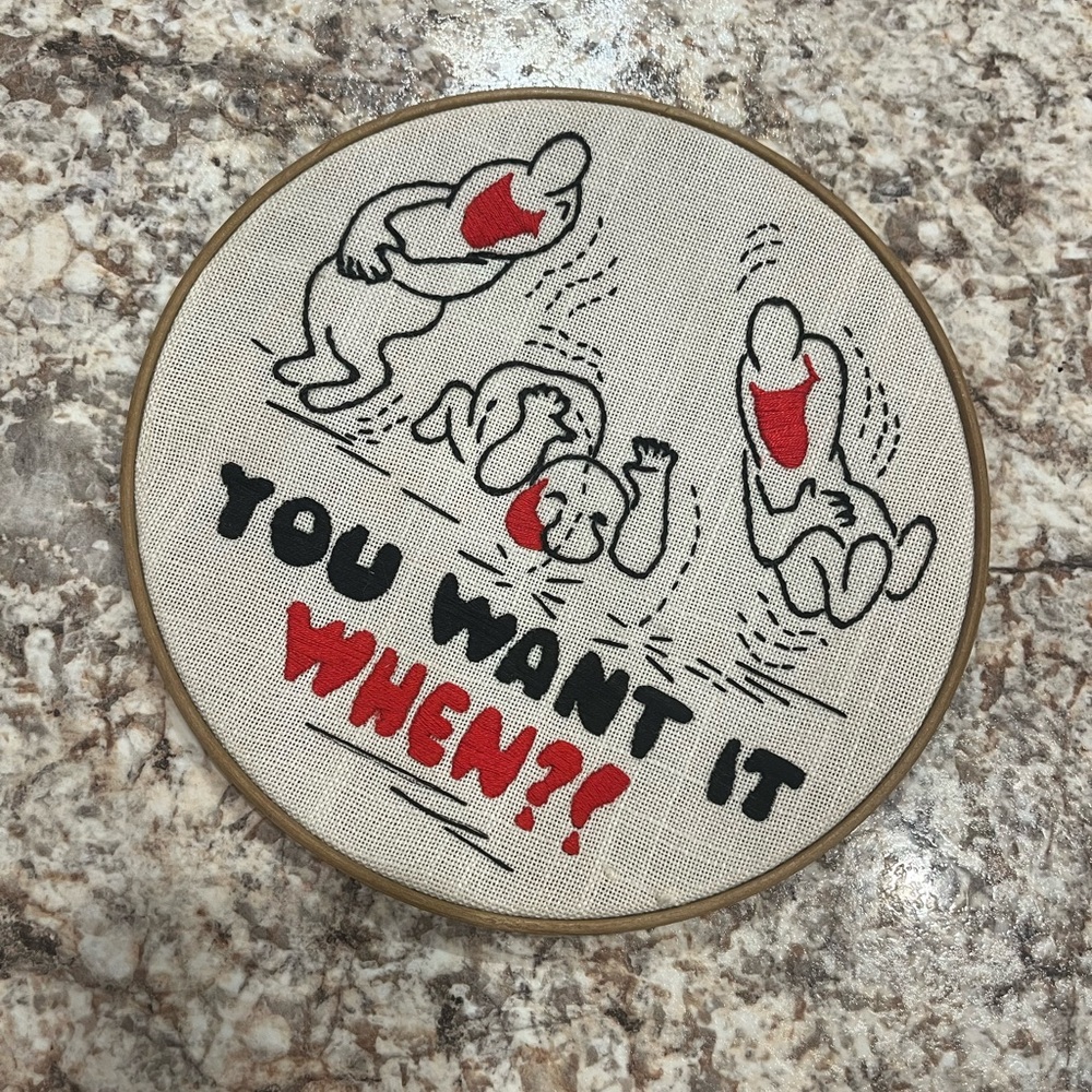 Vintage June Crafts Round Funny Embroidered Wall Art with Red Accents